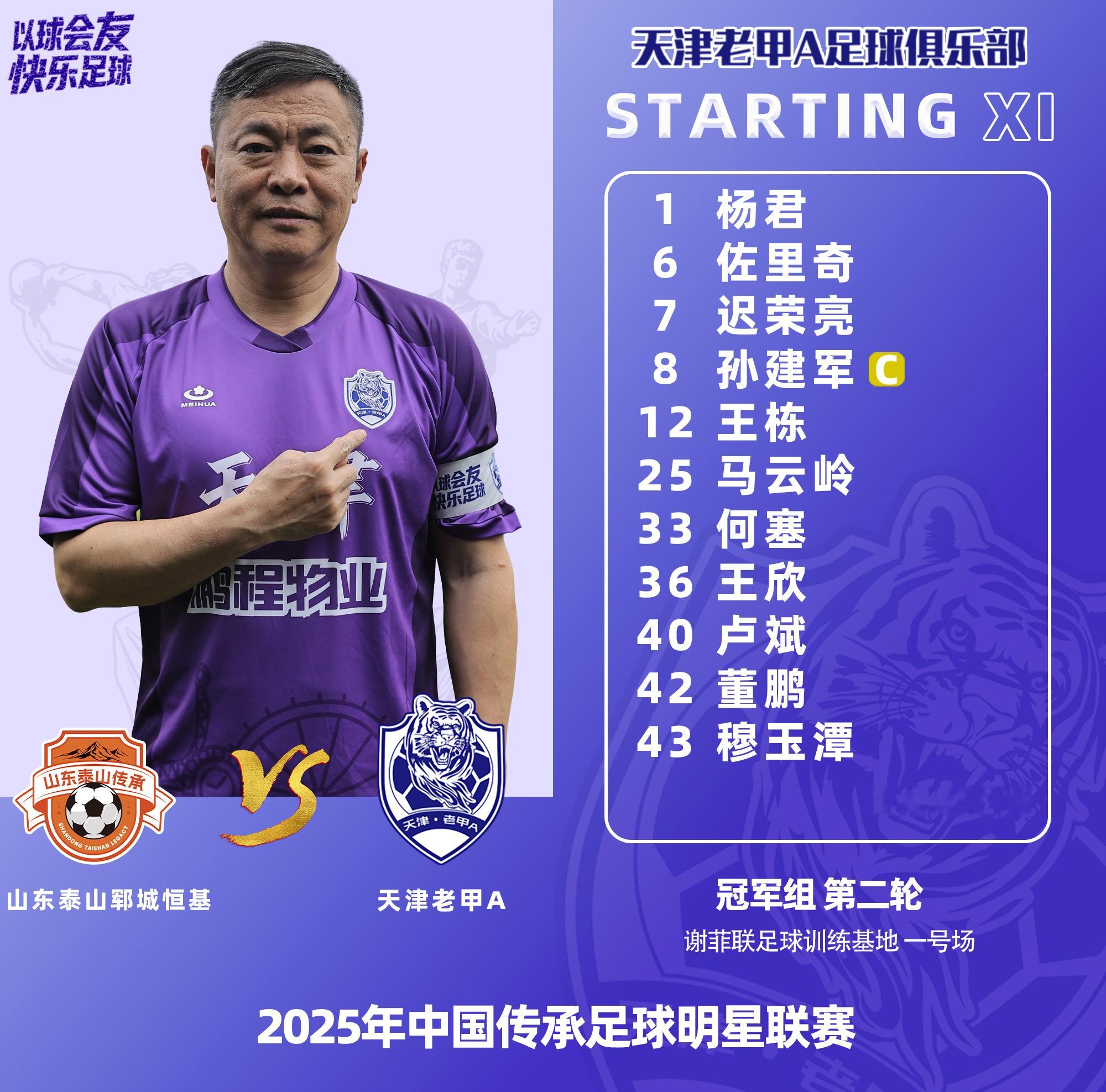 2025传承足球明星赛冠军组第二轮，天津老甲A队首发！ 