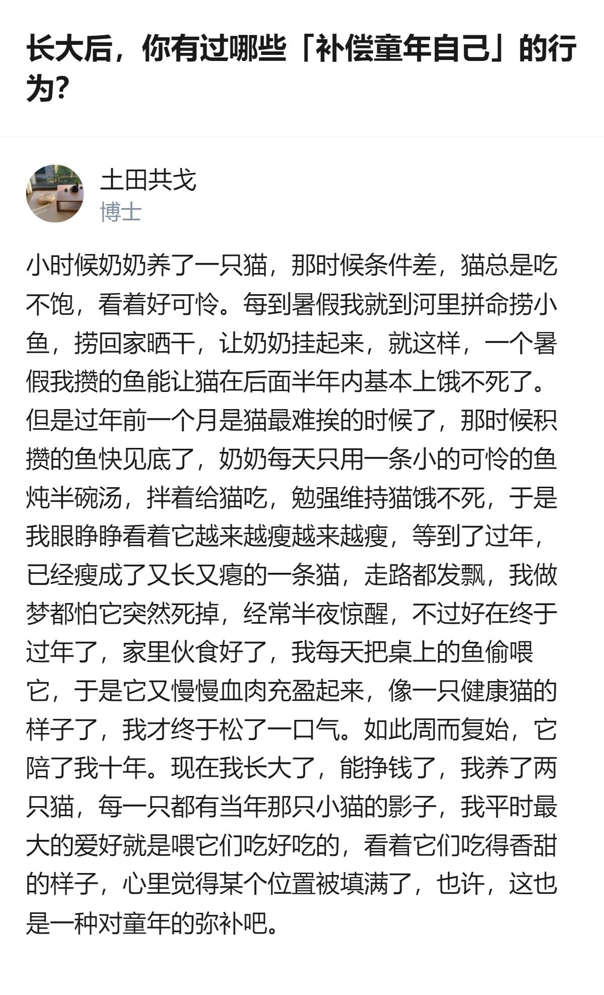 小时候因条件有限，没法给奶奶养的猫足够的食物，长大后有能力了，就养了两只和当年那