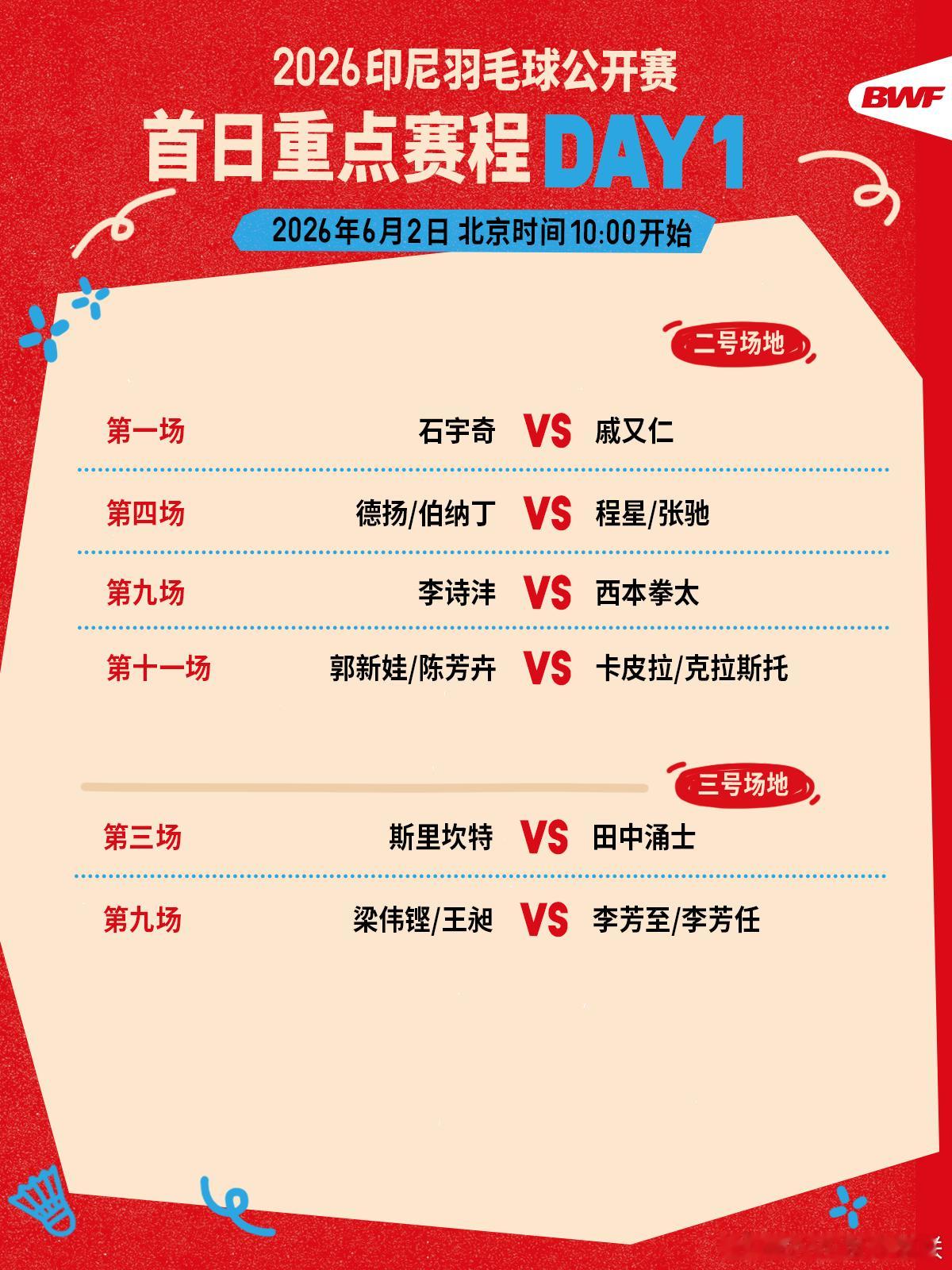2026年印尼羽毛球公开赛 首日重点赛程🔥第一日赛程 上午十点开打🏸焦点战?