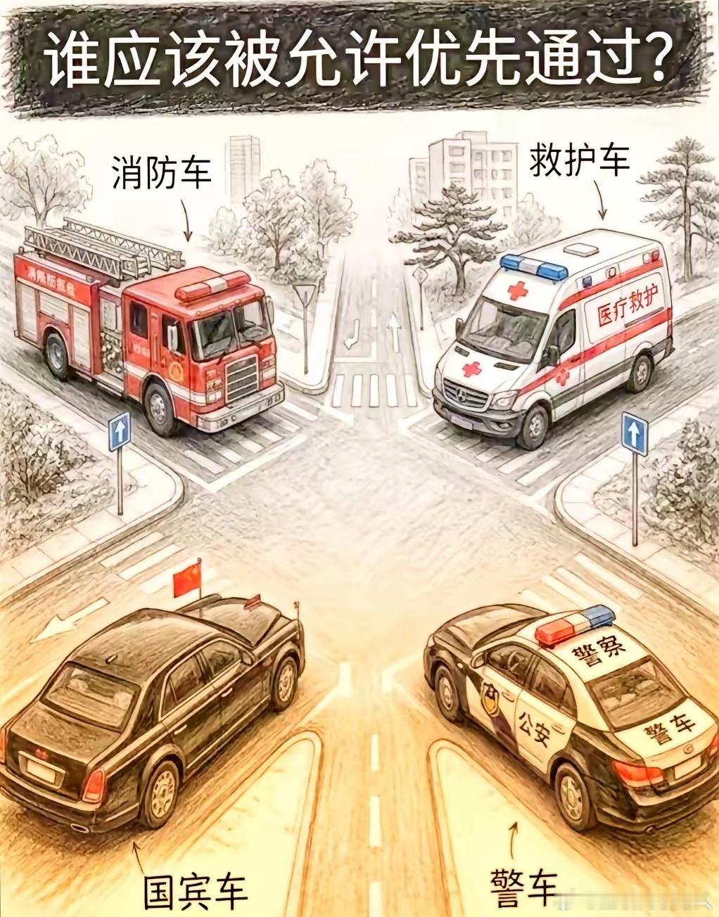 平时各自都有优先权，这会凑到一块儿，到底该谁让谁先走呢？有来说道说道的不？ 