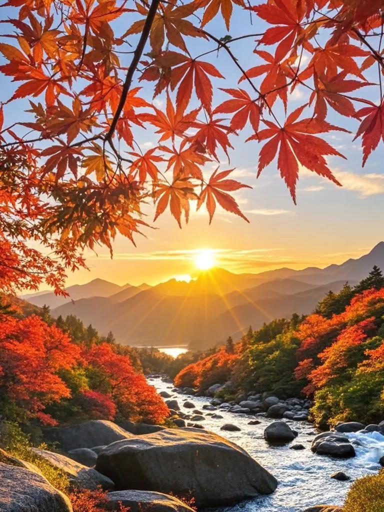  鸡冠山夕照，金辉染红叶，似火流丹舞秋风。山峦暗影绰，溪流耀金波，此景入目韵无穷