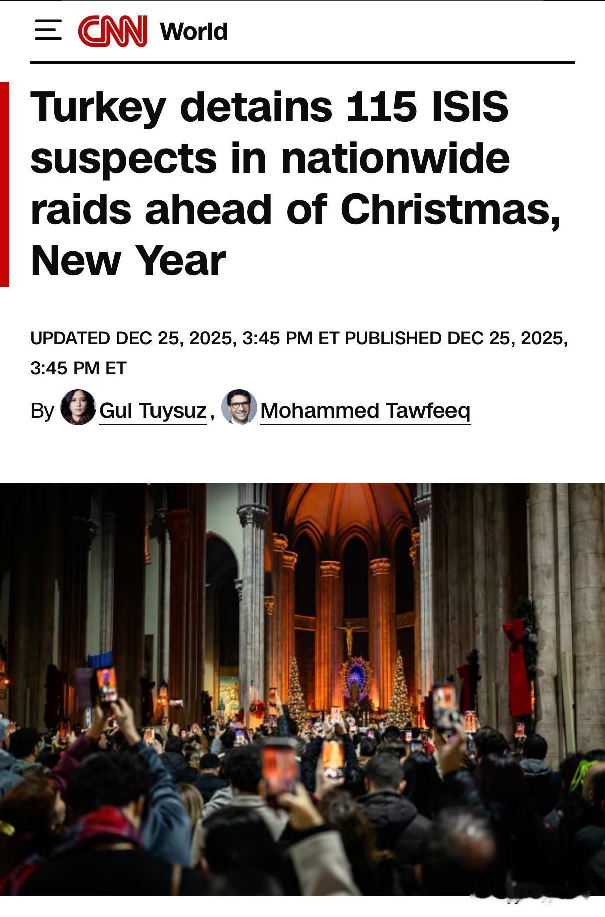报道称，在圣诞节前，土耳其在全国性突袭中拘留了115名ISIS嫌疑人。
   周