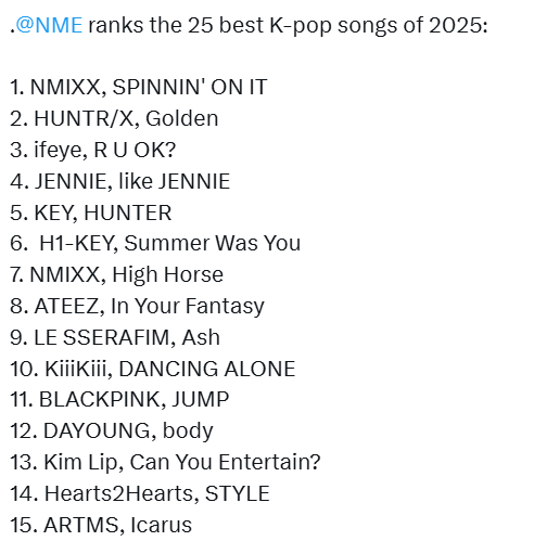 英国著名音乐杂志NME选定2025最佳Kpop歌曲Top25 
