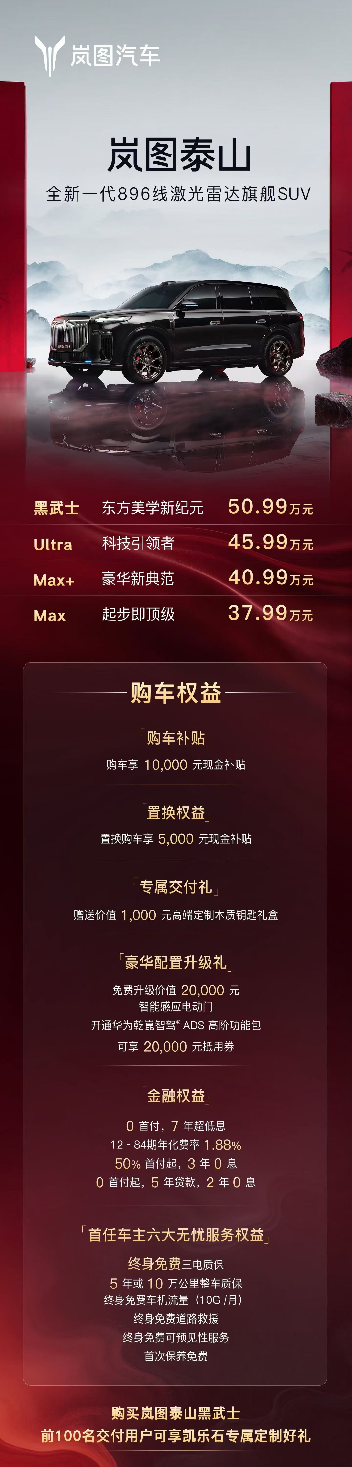 岚图泰山搭载896线激光雷达的Ultra版45.99万，在此基础上的黑武士售价5