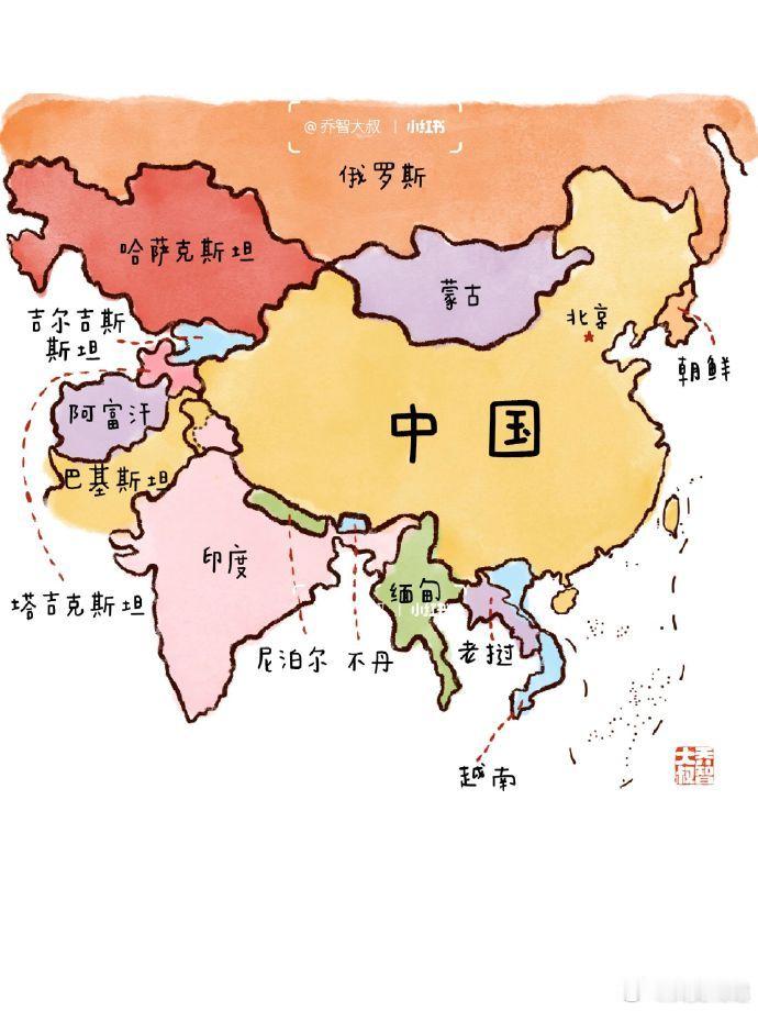 中国14个陆上邻国图鉴Q版。来自：乔智大叔 
