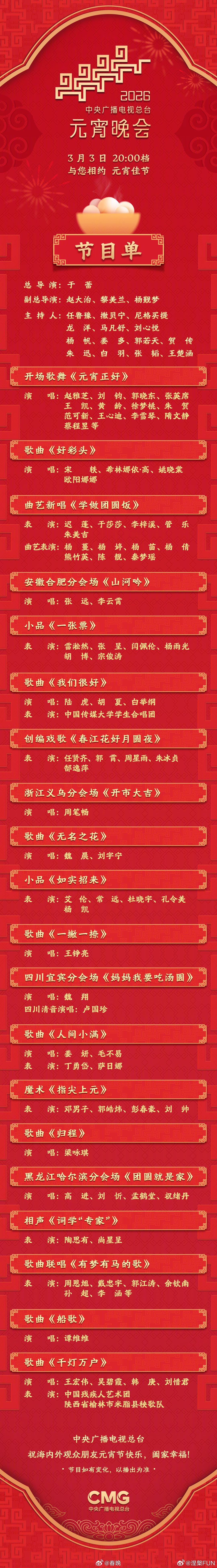 元宵节 吃元宵，祝大家团圆快乐！没事可以看元宵晚会，给大家看元宵晚会节目单