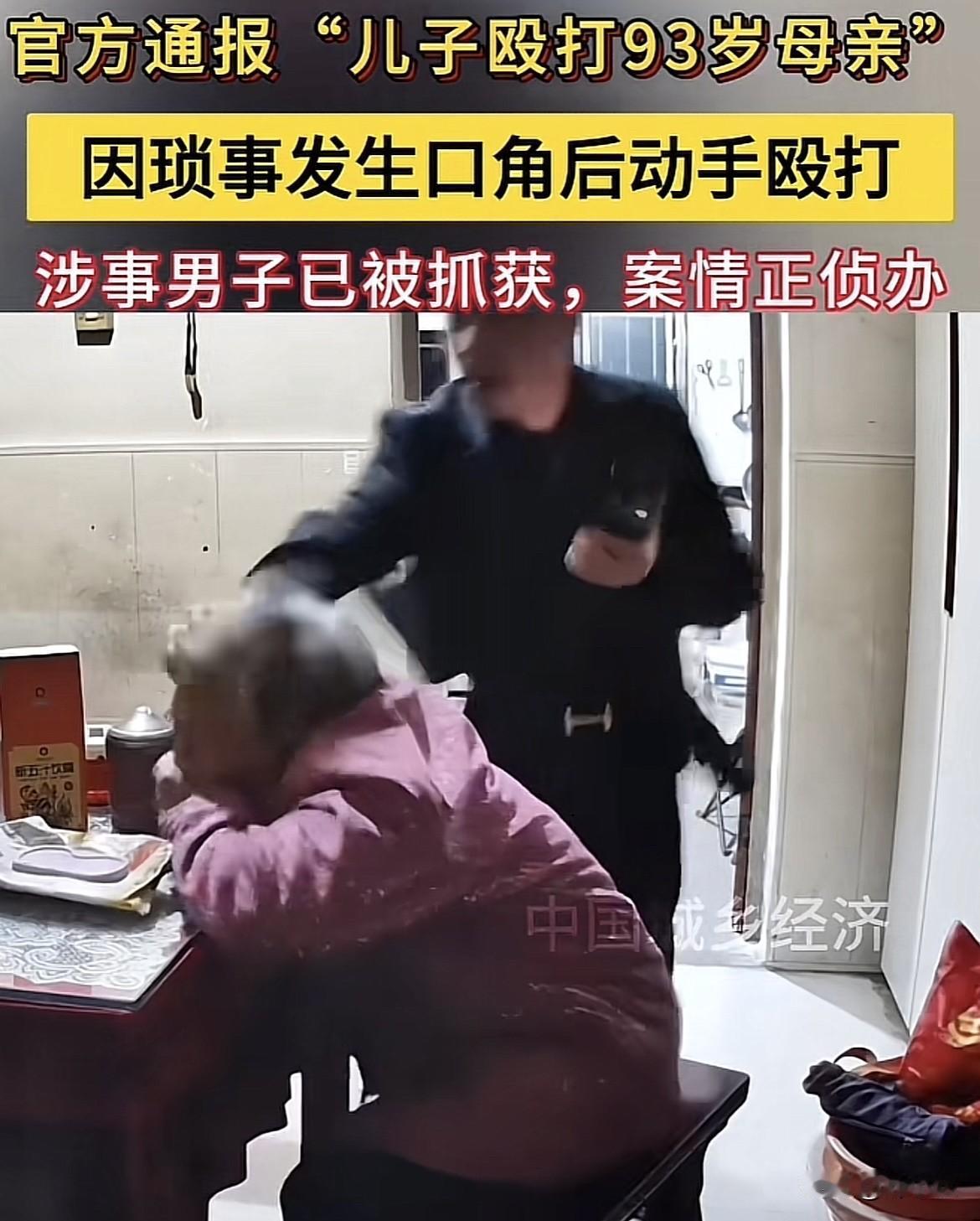 殴打93岁老母亲的男子后续，这男子已经被刑事拘留，老人目前身体没有大碍，已经被女