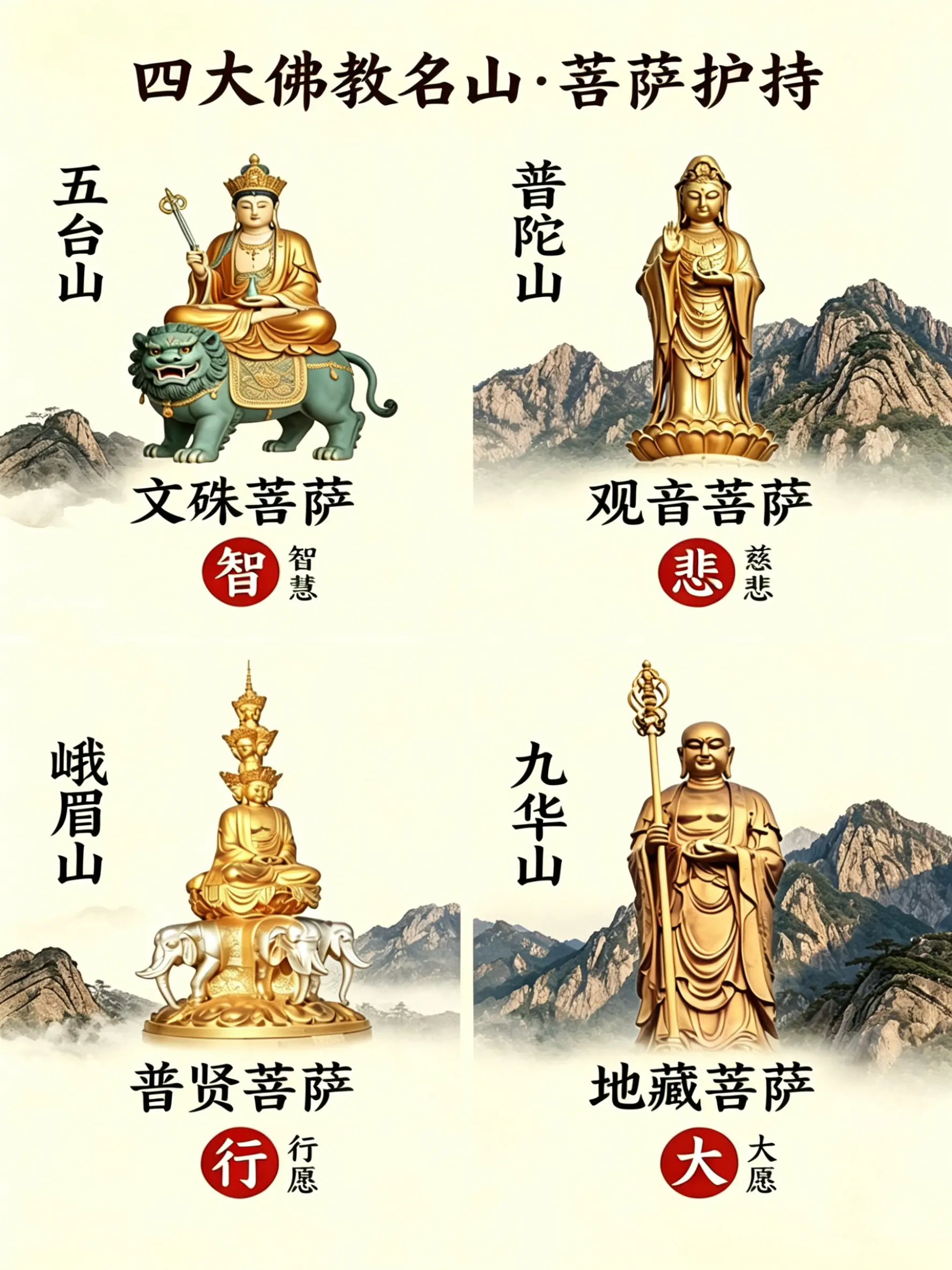 五台山「文殊菩萨】智 峨眉山【普贤菩萨】行 普陀山【观世音菩萨】悲 九...