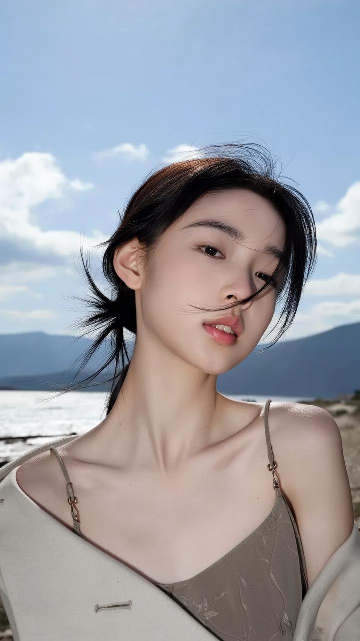 海边少女，微风轻拂，温柔时光