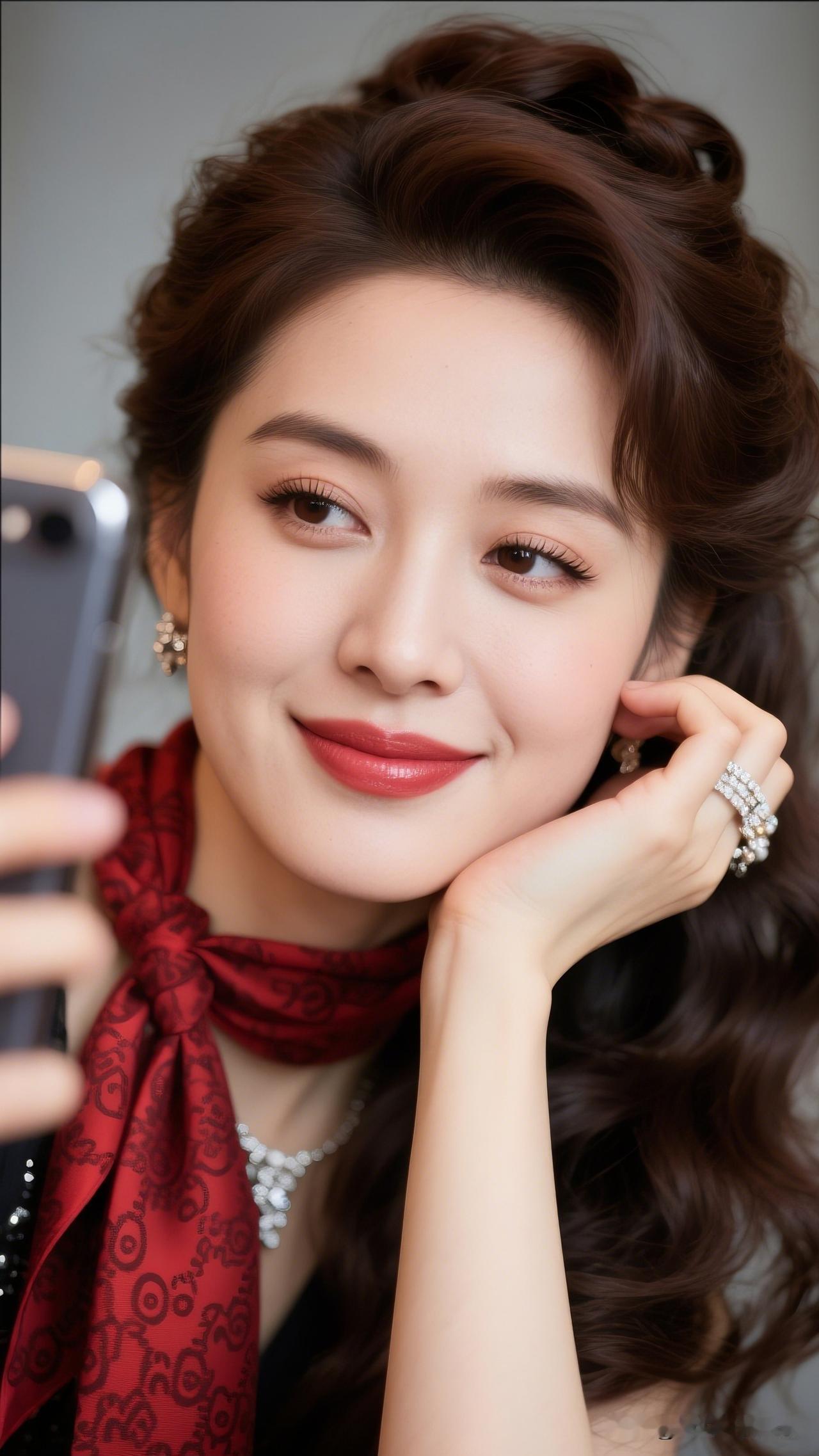 风情万种的女人是什么样的? 优雅红丝巾，甜美笑容，手机自拍，时尚穿搭