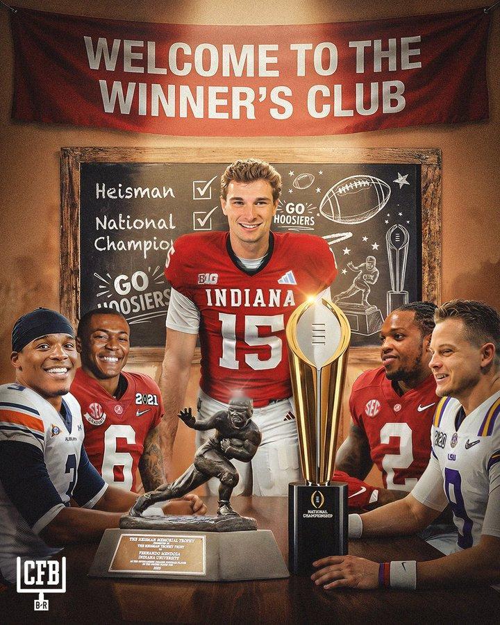 门多萨带领印第安纳拿到了学校第一座全国冠军，欢迎加入海斯曼+全国冠军俱乐部 