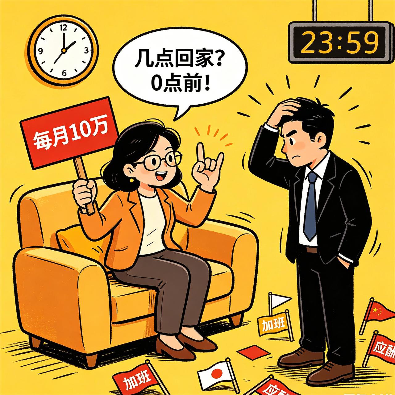 每个月给你10万，你能接受对方几点回家！

甲：每月给你十万薪酬，对方最晚几点归