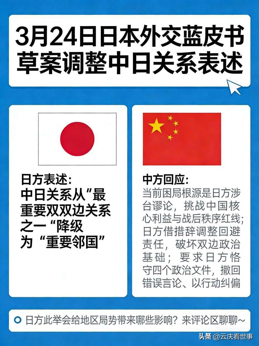 突发！日方拟降级中日关系，外交部当场亮明立场！

3月24日，日本拟在外交蓝皮书