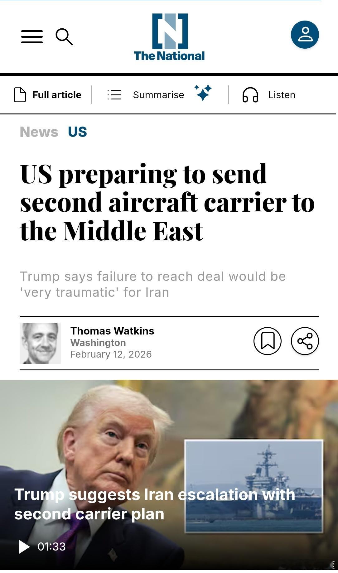 美方第二艘航空母舰被派往中东美国向中东地区派遣第二艘航空母舰 