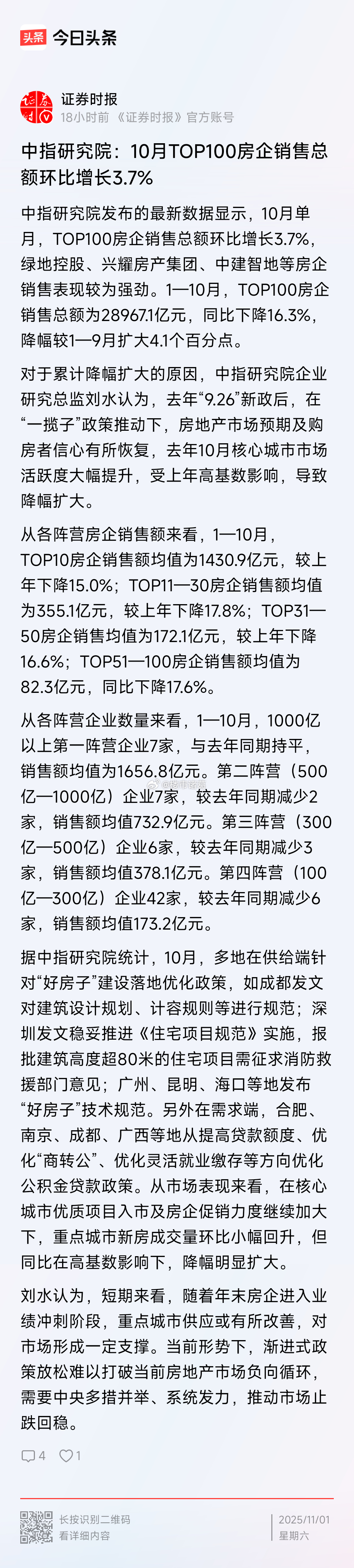 百强房企10月销售总额环比增长3.7%、同比下降16.3%……楼市第一线 ​​​