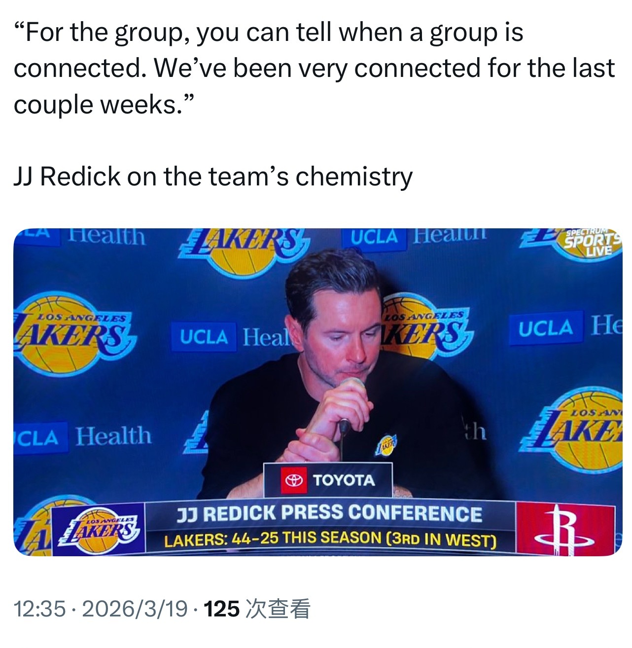 雷迪克谈球队的化学反应：“对于团队来说，你能感觉到成员之间的联系是否紧密。过去几