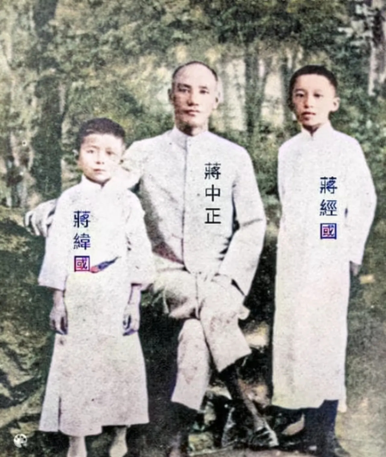 你见过蒋介石尚未发迹时，与年少两子的唯一同框合影吗？这张后世手工上色的老照片拍于