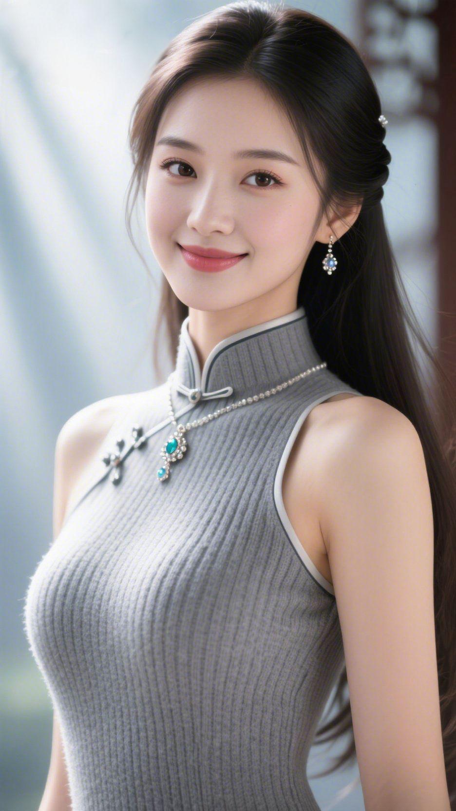 《灰襟柔光衬雅容》
 
柔光轻漫的空间里，她身着灰调旗袍立着，针织纹理舒展得温软