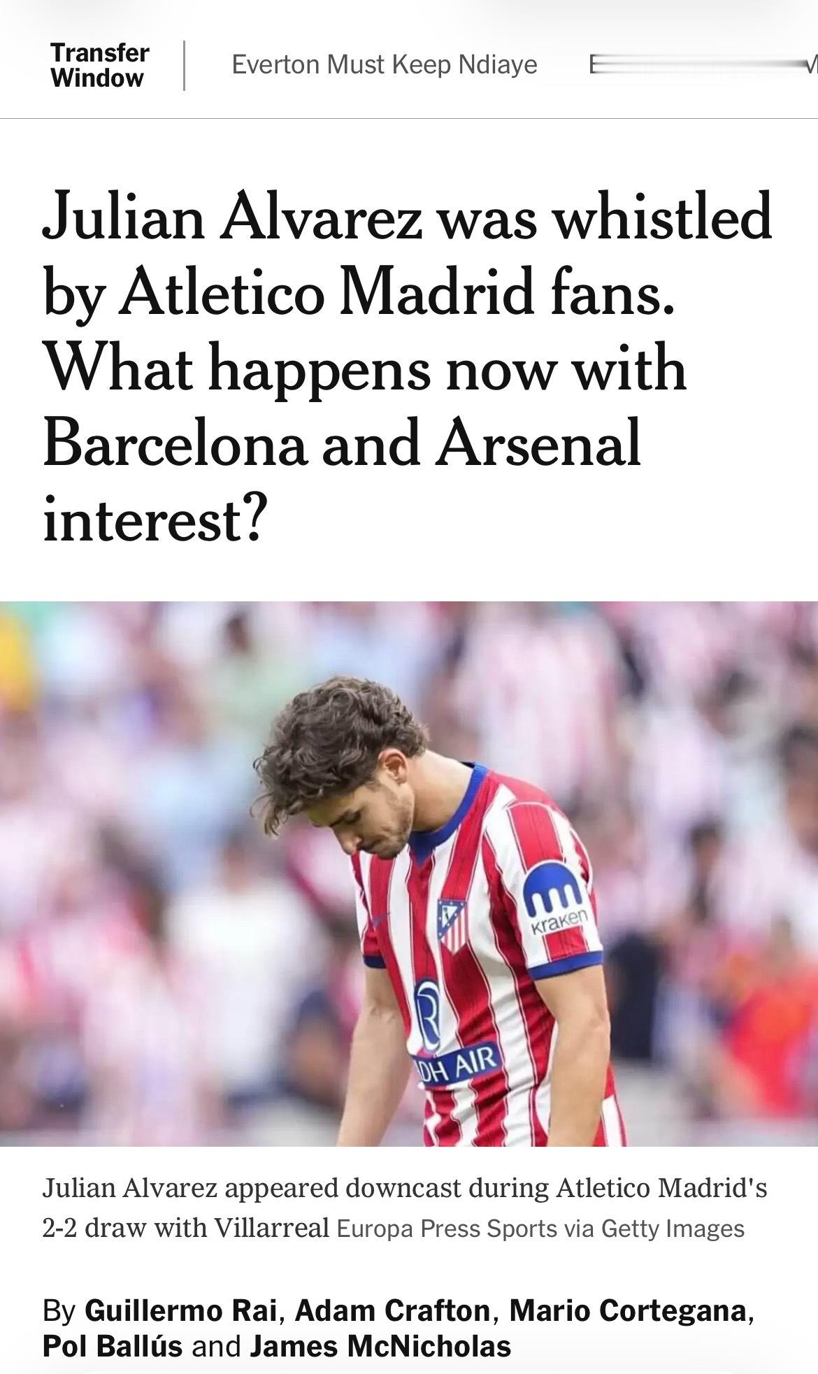 The Athletic 马德里、巴塞罗那及阿森纳跟队记者联合发文（这几乎算是这
