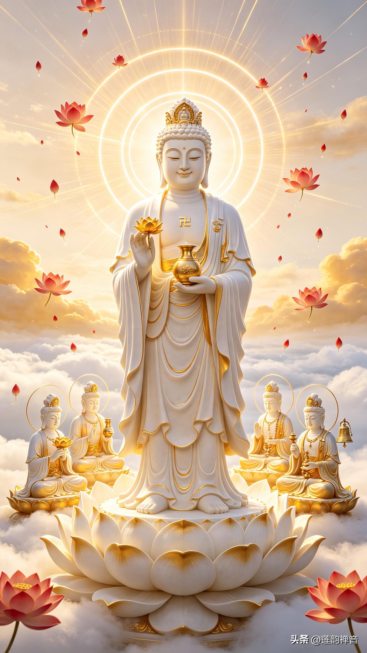 云海绵延，金霞流转，红芯莲花如雨一般缓缓坠落。
金身阿弥陀佛立于莲台之上，面容慈