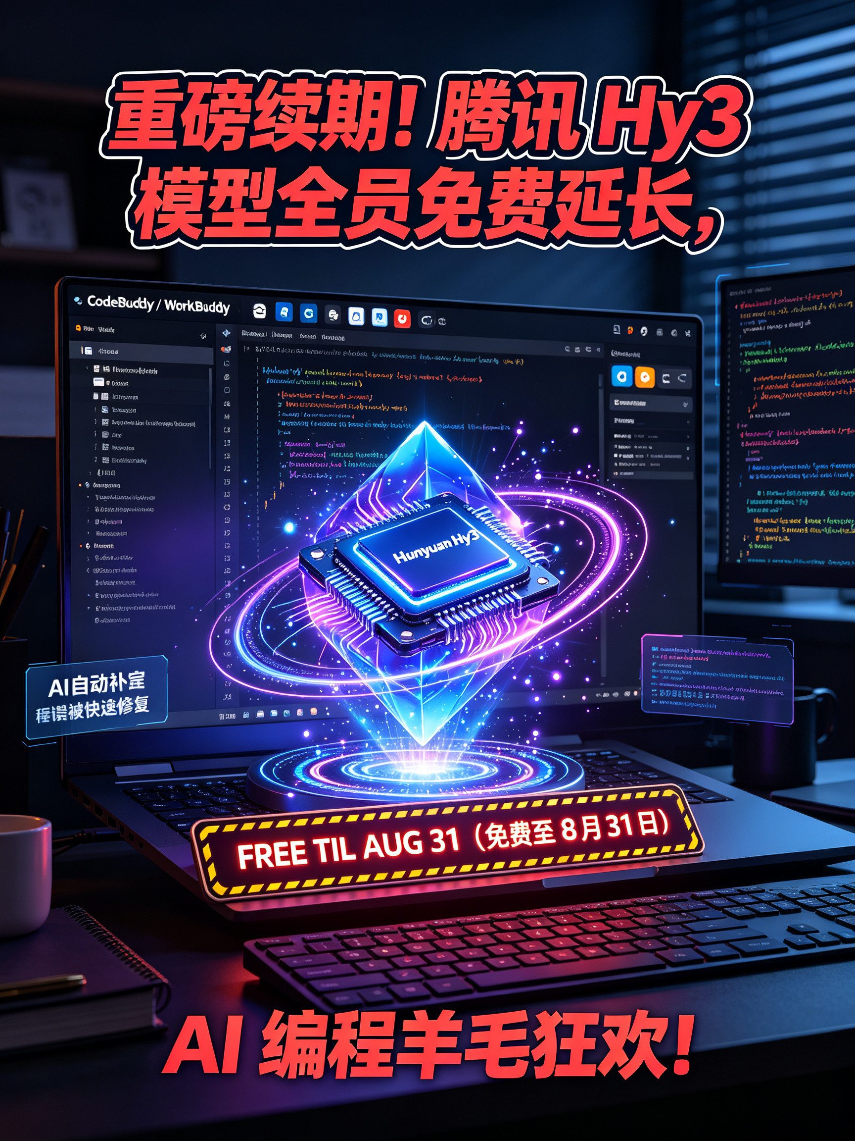 混元 Hy3 模型免费活动再延长至 8 月 31 日这次直接续命到 8 月 31