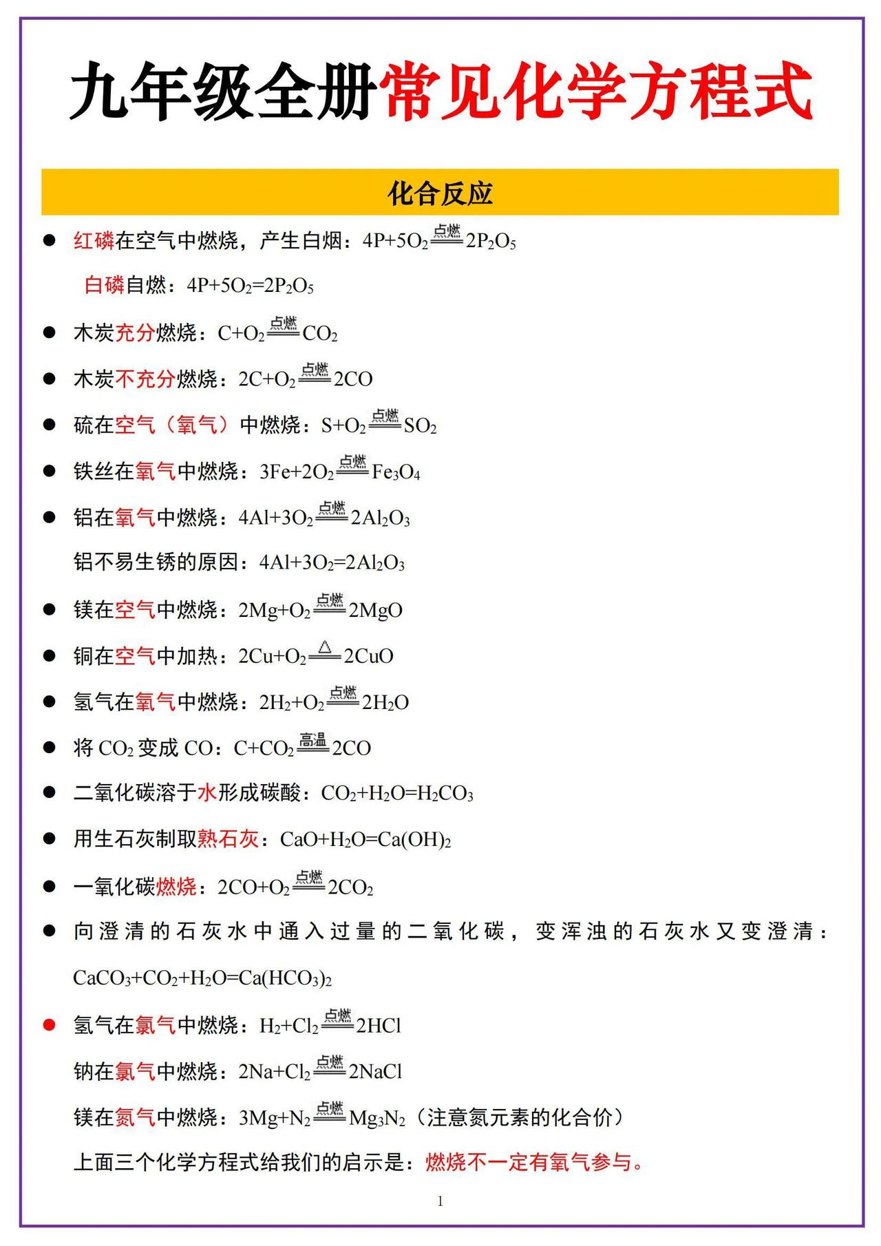 中考化学方程式大全🎉刷到的初三生有福了