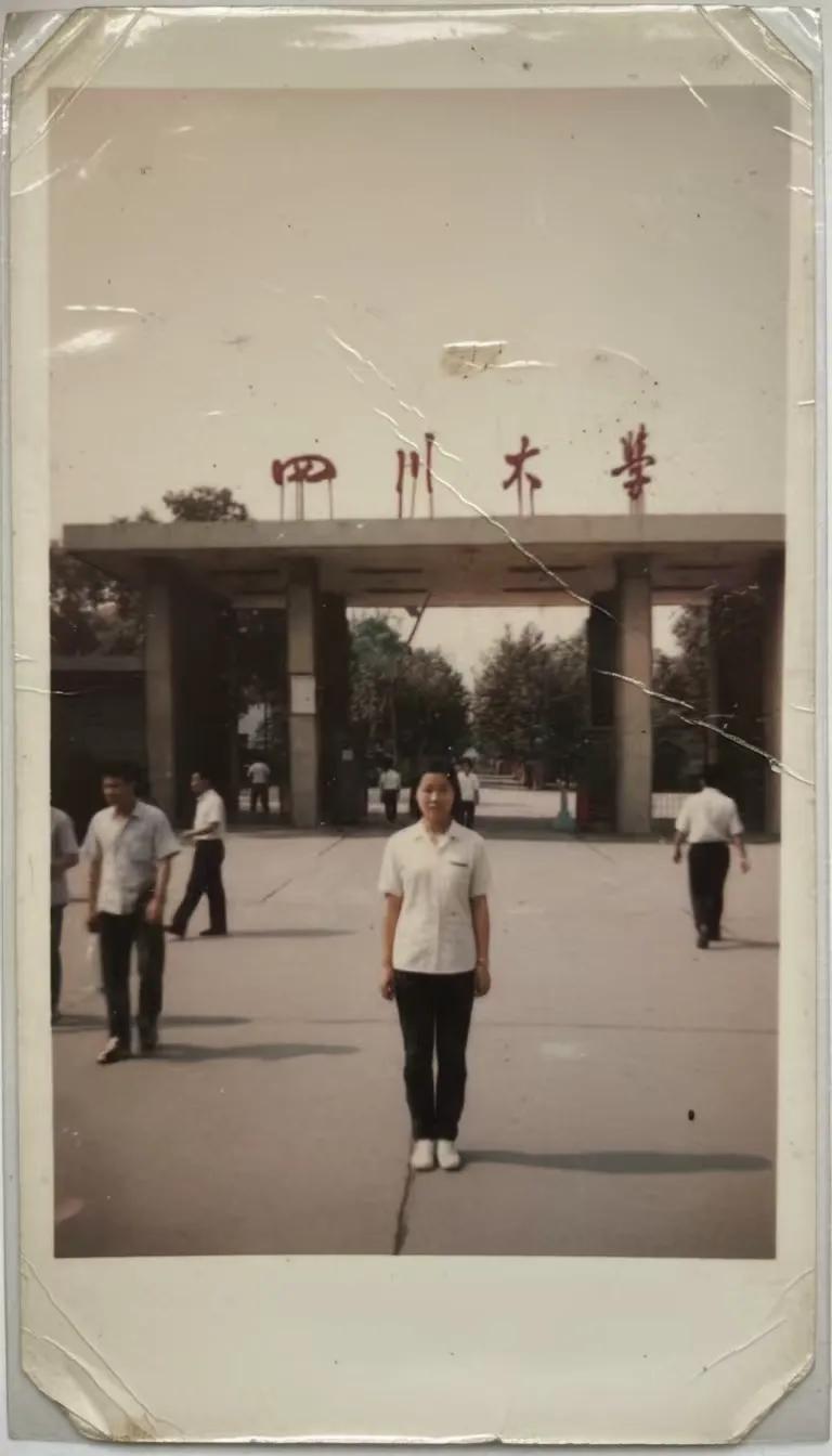 在川大校门口拍的！那时紧张到站得笔直笔直的，不敢乱动！第一天来川大报到，特意穿了