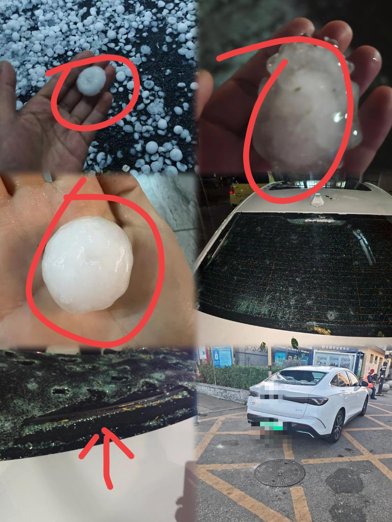 真是离谱！
北京这个时候竟然下冰雹，
网友晒出的冰雹不仅一个比一个大，甚至伤车更