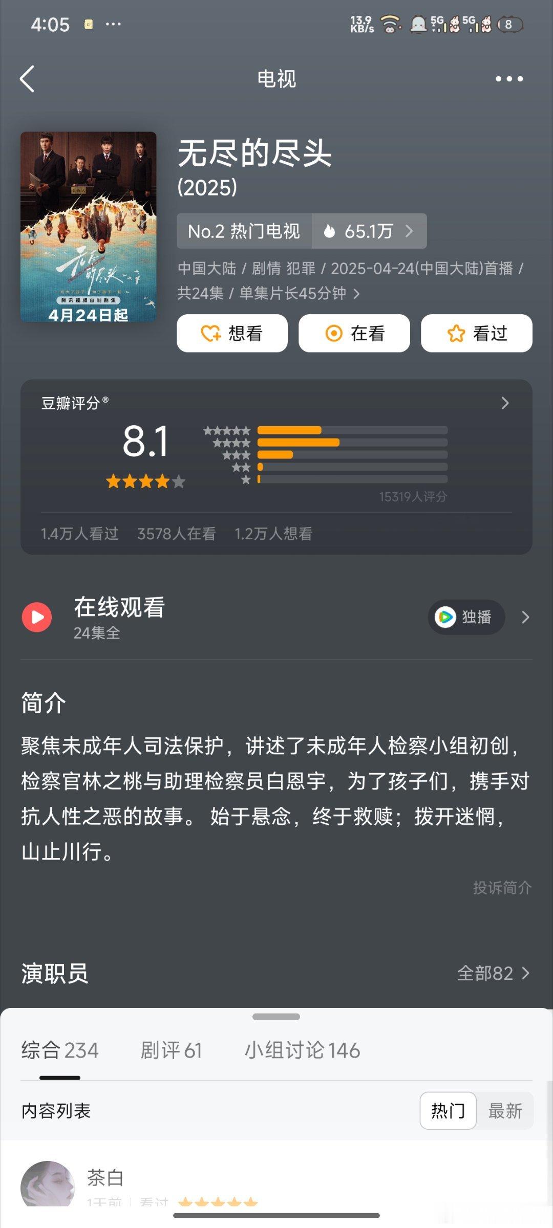 无尽的尽头开分8.1这剧口碑很不错 ​​​
