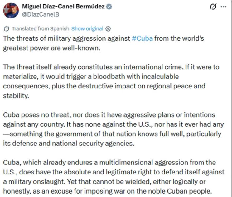 美国被曝认真考虑军事选项，古巴国家主席发出强硬警告：若动手将引发血腥浩劫。

美