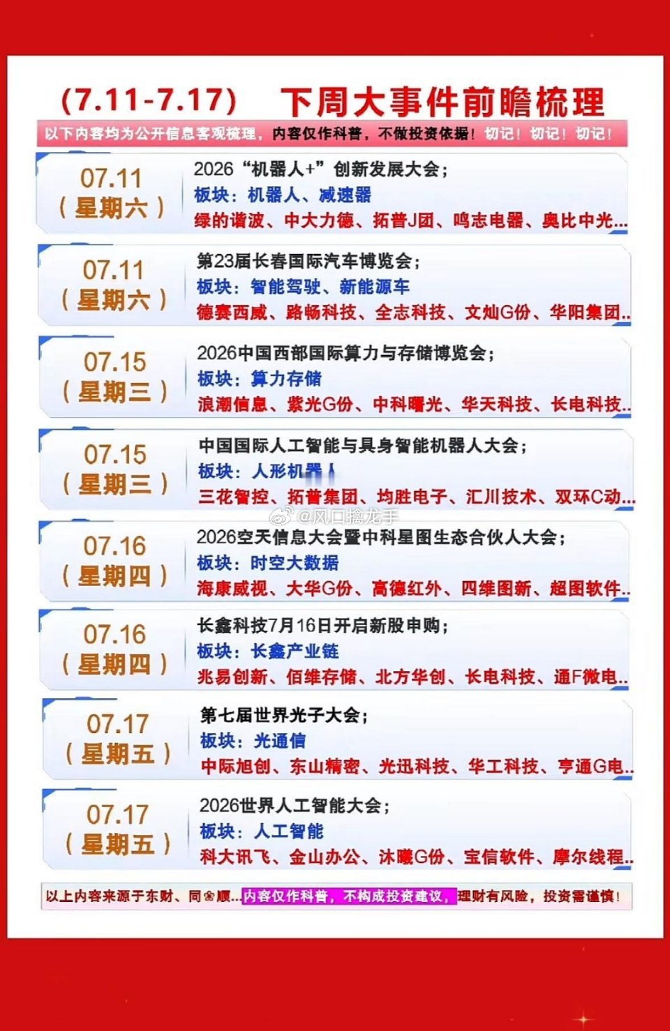 📅 7.11-7.17 下周重磅大事件全梳理（资本市场+产业+宏观全覆盖）一、