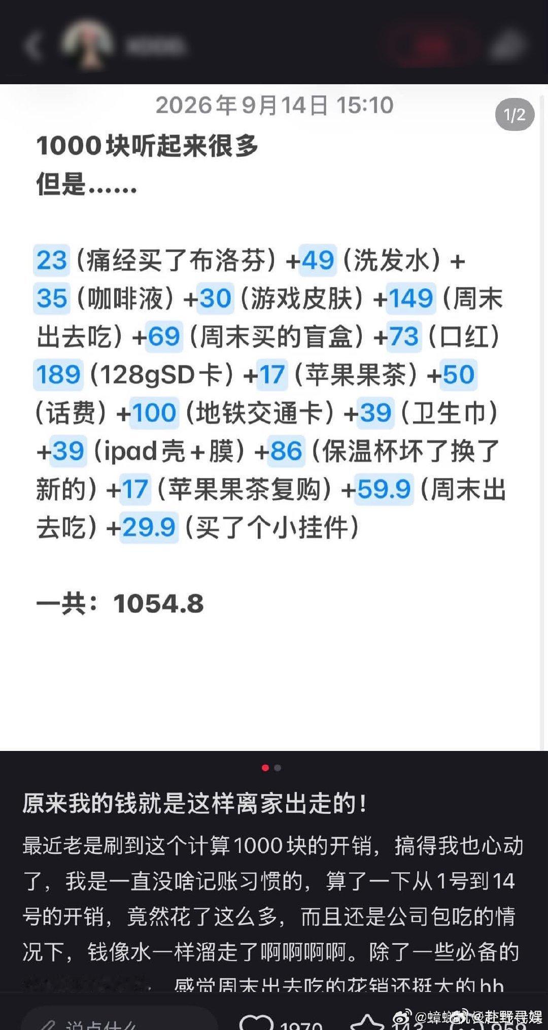 天哪这就1000块了 给家里买了点日用品，给自己添了两件换季衣服，再交个水电费，