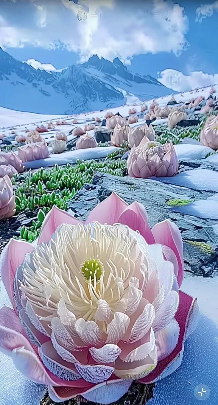 雪域花开，一片银装素裹。#鲜艳的天山雪莲# #花开雪山# #盛开雪莲#