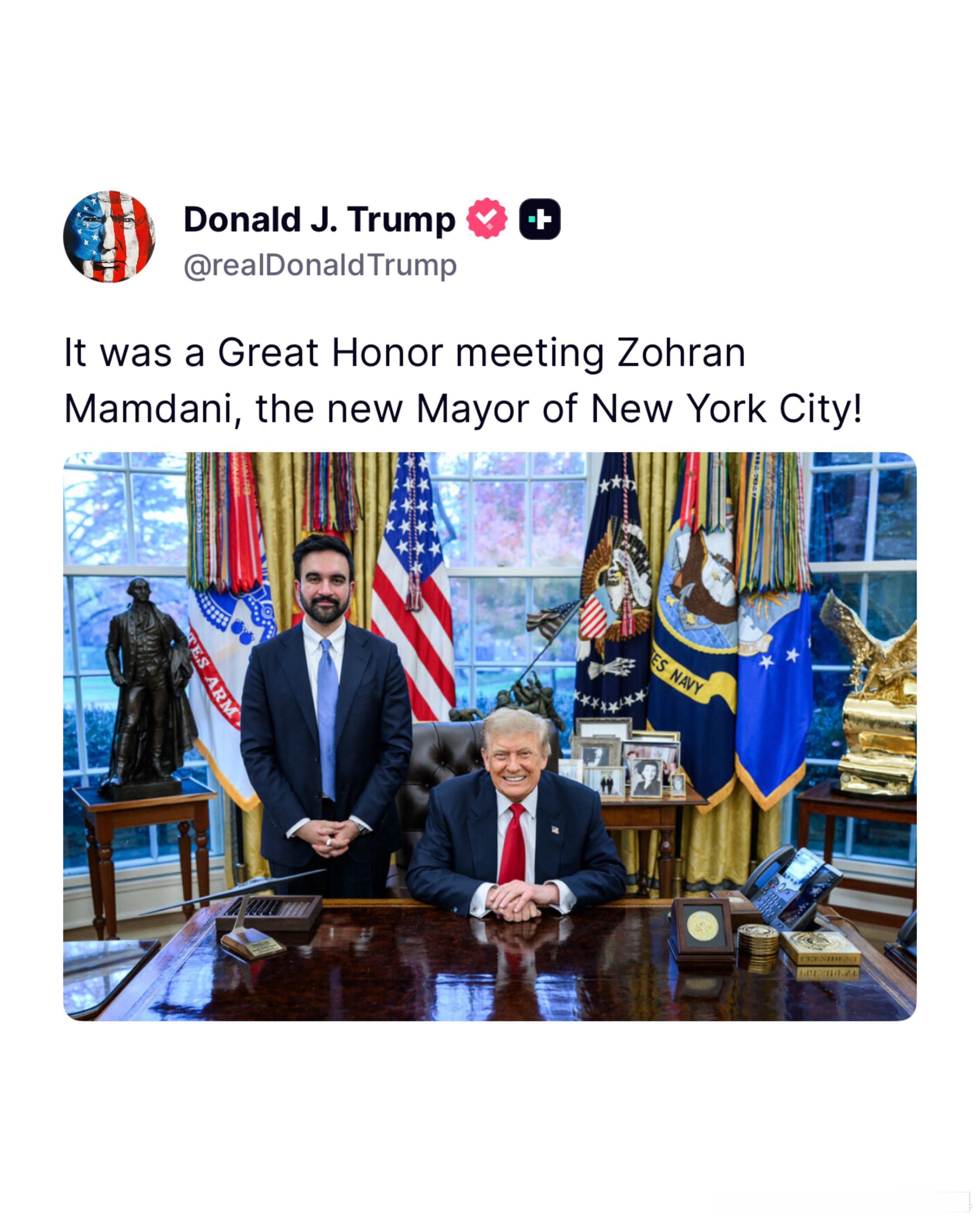 川普总统与纽约当选市长曼达尼的会面效果不错，川普总统随后贴出了两人的会面合影。我