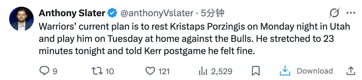 勇士队目前的计划是让波尔津吉斯在周一晚上对阵犹他州的比赛中轮休，并在周二主场对阵