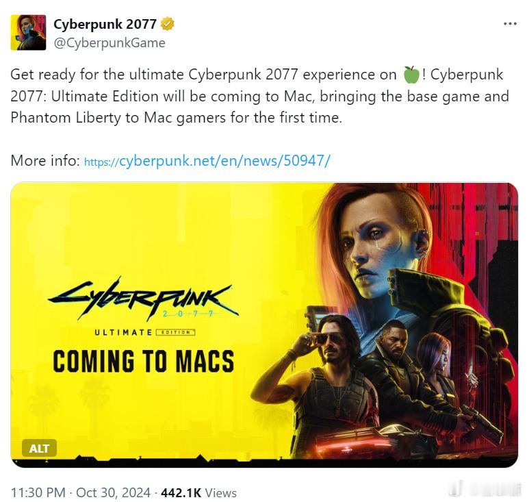 #游戏业界# 赛博朋克2077终极版明年初将登陆Mac ​​​