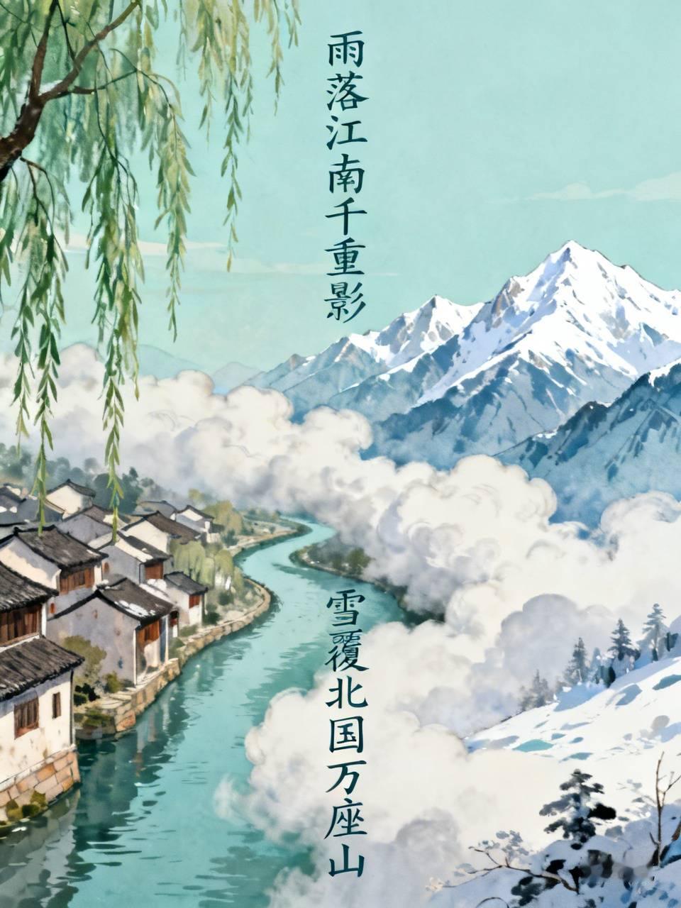 上联：雨落江南千重影，邀君赐下联下联：雪覆北国万座山。