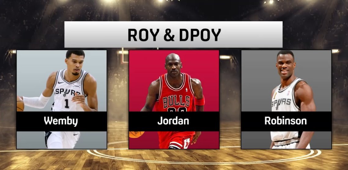 ▲联盟历史上拿过最佳新秀＆最佳防守球员荣誉的球员一共有三位▲文班，乔丹，大卫-罗