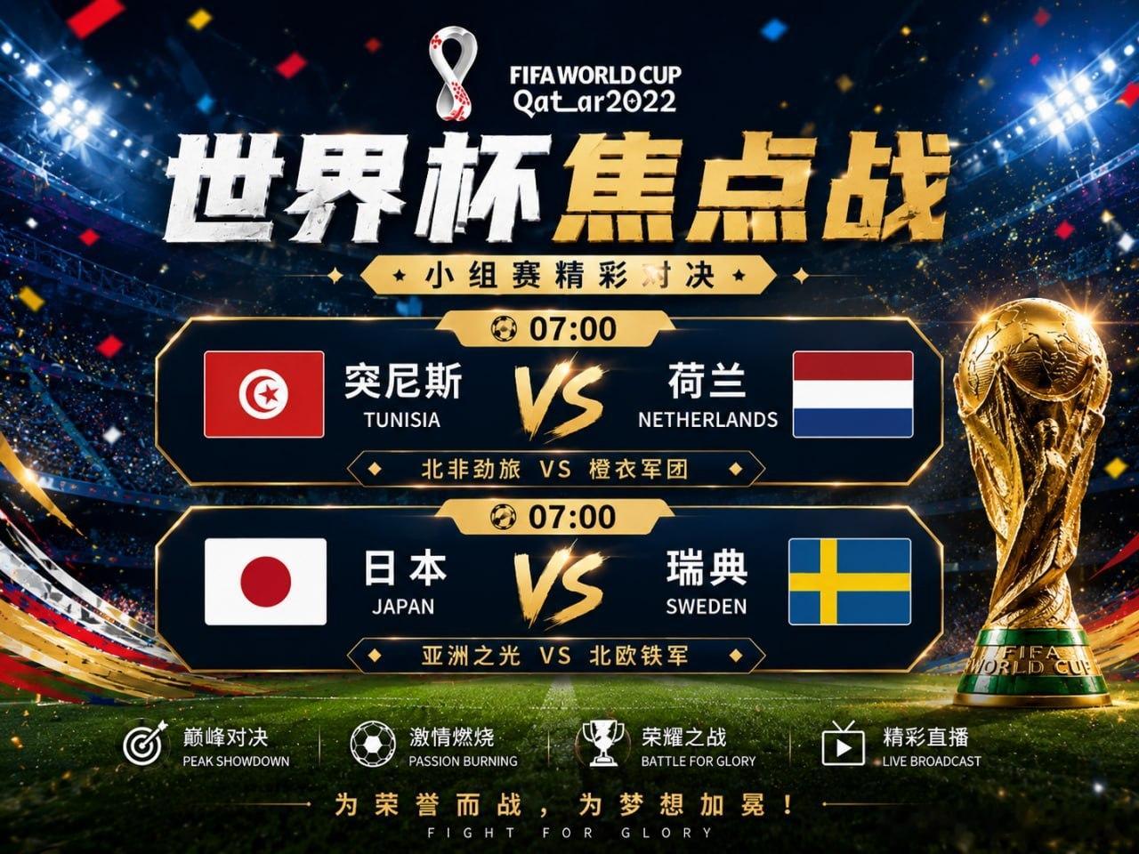 🔥 世界杯早场继续！07:00 双场开战🇹🇳 突尼斯 VS 荷兰 🇳🇱