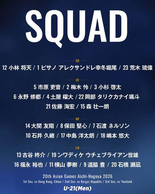 日本足總公佈2026愛知•名古屋亞運男子足球代表隊大名單🧾領隊大岩 剛（Go 