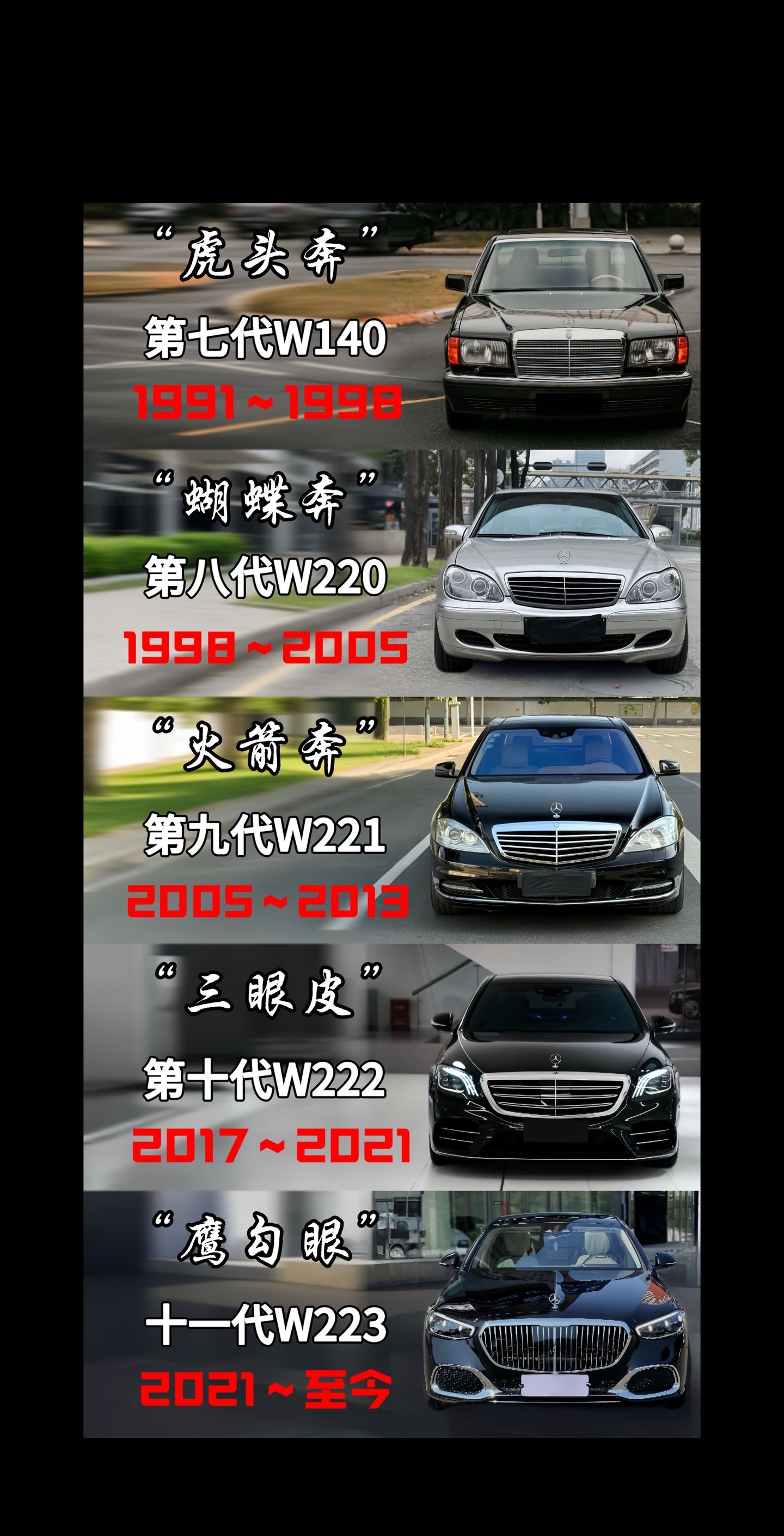 奔驰S五代合集。虎头奔 蝴蝶奔 火箭奔 三眼皮 鹰勾眼，你最爱哪一代？