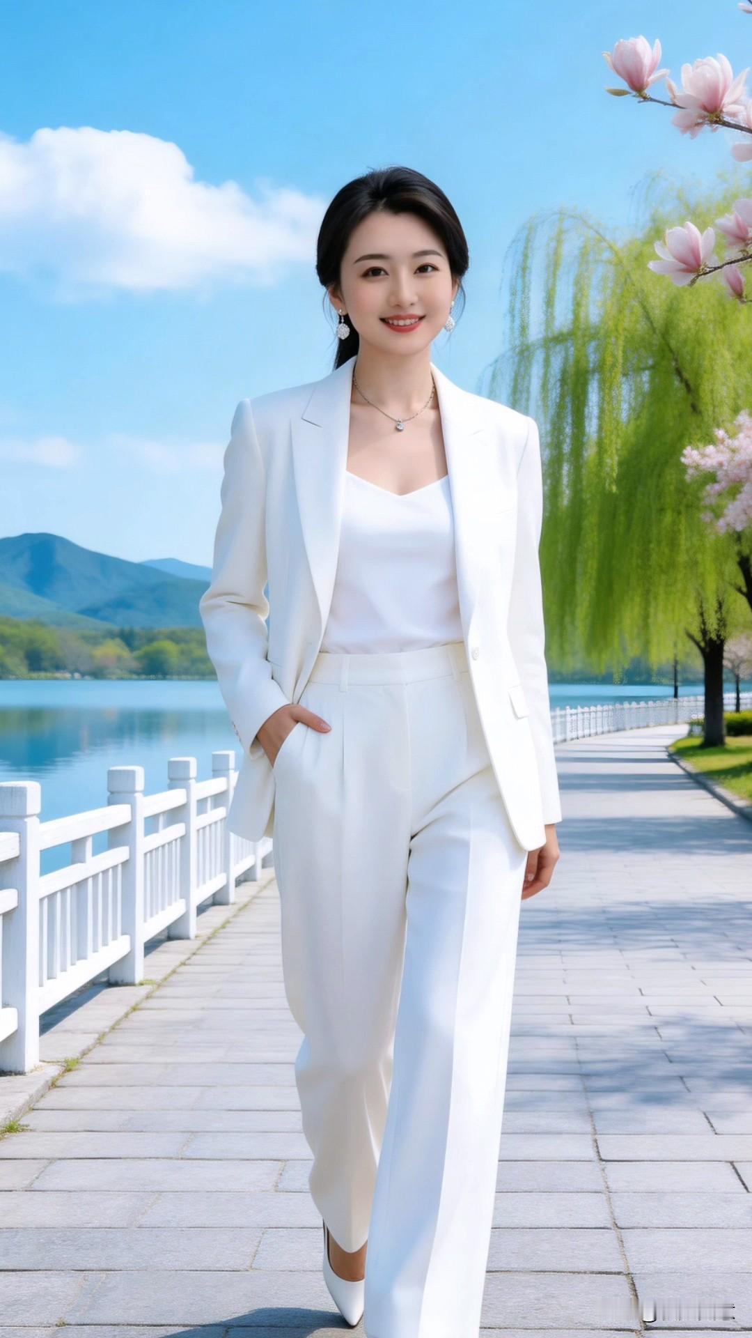今天穿了一身清爽的白色西装套装，漫步在春日湖畔。玉兰花开得正好，柳丝拂过肩头，湖