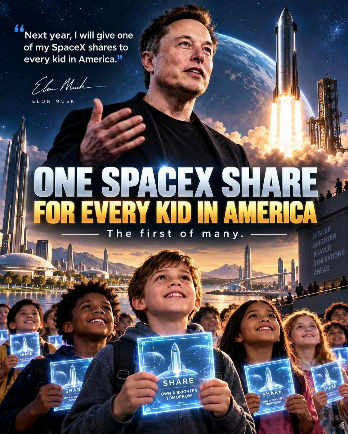 马斯克送SpaceX股票！震惊！马斯克宣布将直接以个人名义向美国每一个儿童捐赠一