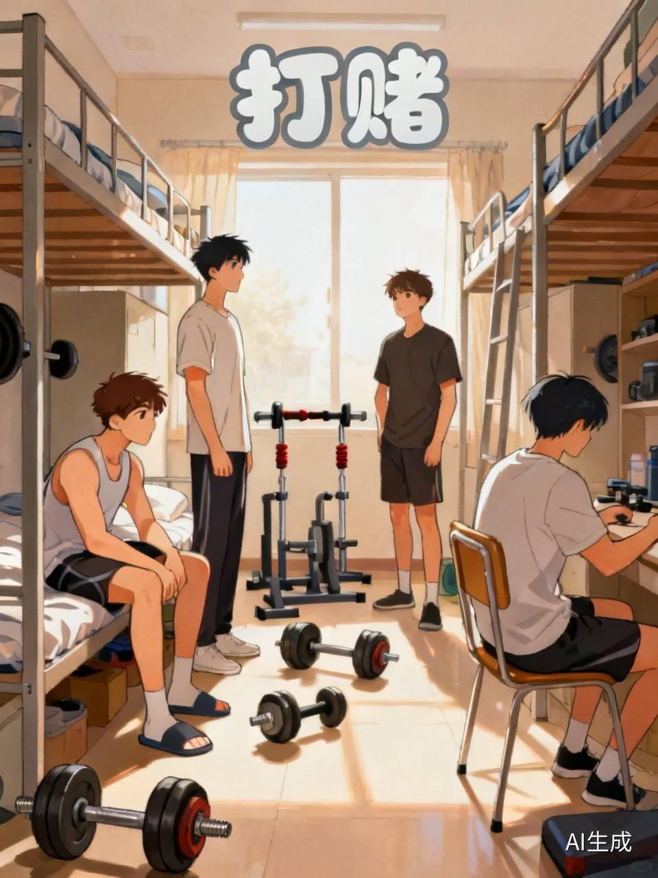 打赌
大学生宿舍，小强床铺上放着一个臂力器，小杨掰了两下一动不动，引来其他室友呵