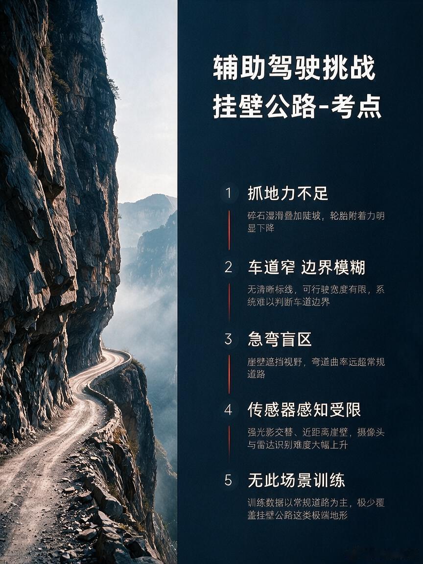 挂壁公路最有意思的一点就是，它特别容易把智能辅助驾驶的短板放大挂壁零接管上山容易