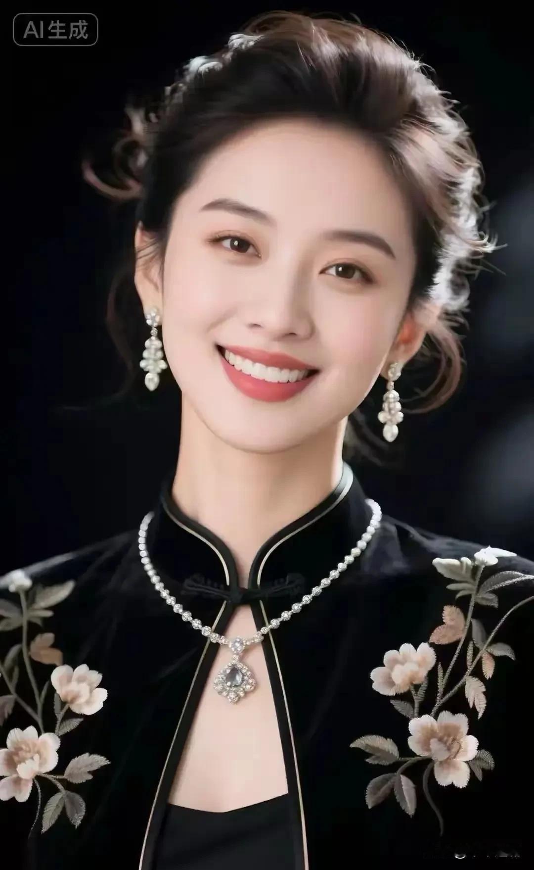 黑绒旗袍绣着柔花，珍珠坠在笑纹边轻晃。领口那点钻光，是旧韵里裹着的新媚。
 
江