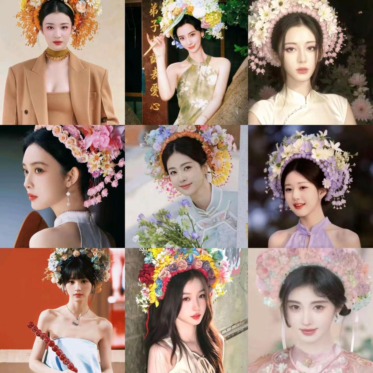 女明星簪花。今世戴花  世世漂亮簪花九宫格