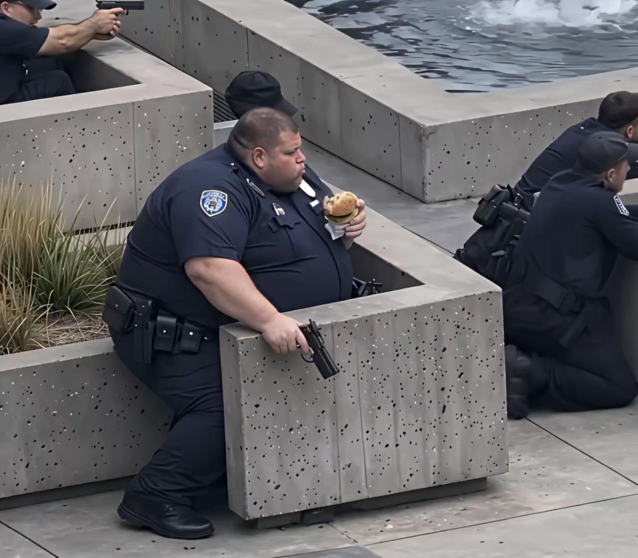 这位仁兄，心态真好，别人都是瞄准方向，准备射击了，他倒好，淡定地啃着汉堡。但是，