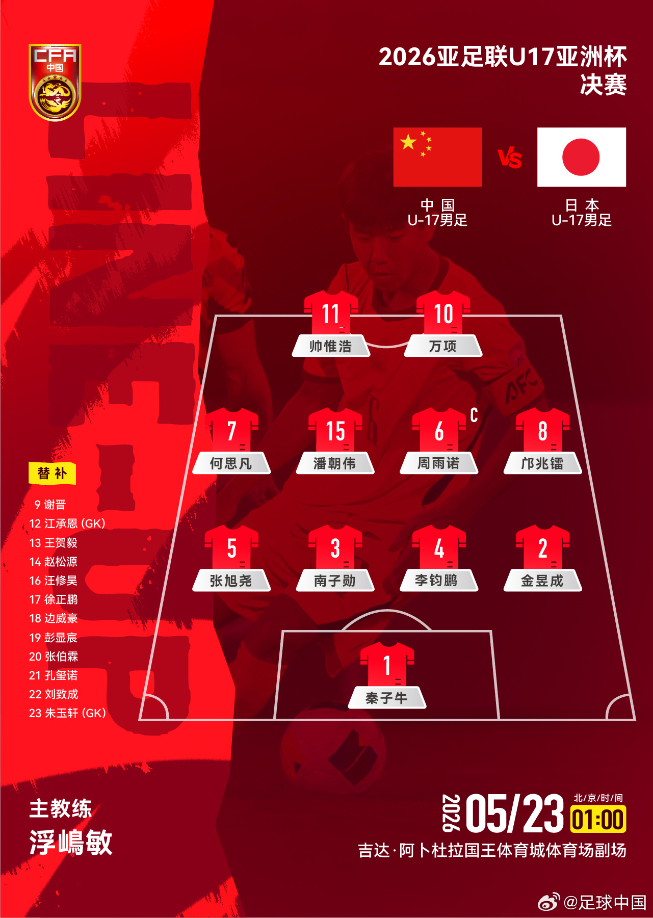 2026亚足联U17亚洲杯 决赛，中国U-17男足对阵日本U-17男足，中国队公