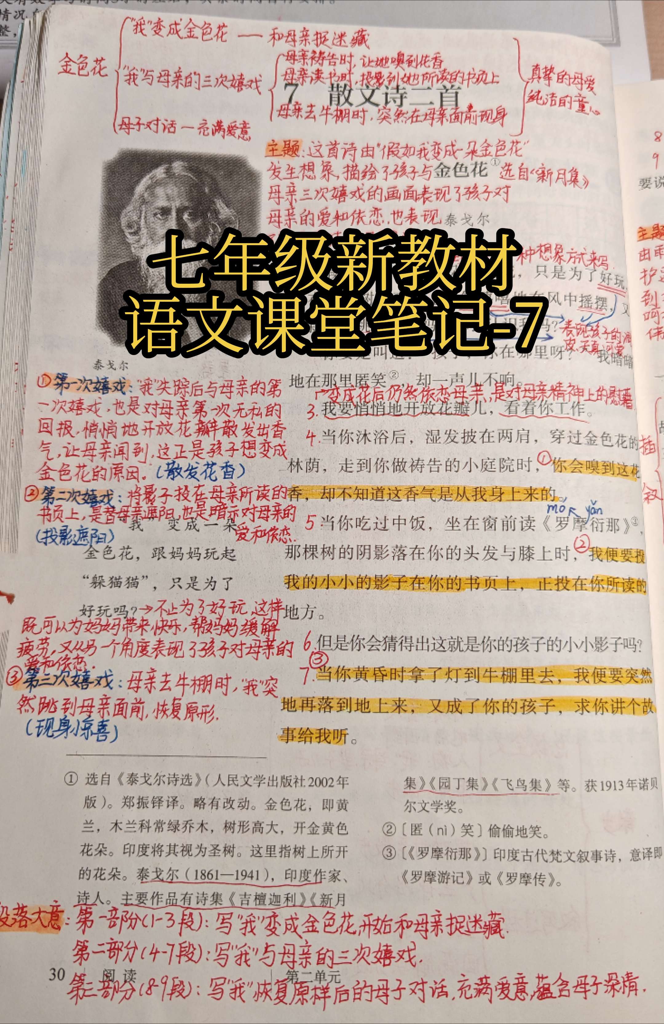 七年级新教材语文课堂笔记-7。《散文诗二首》分别选自泰戈尔《新月集》中...